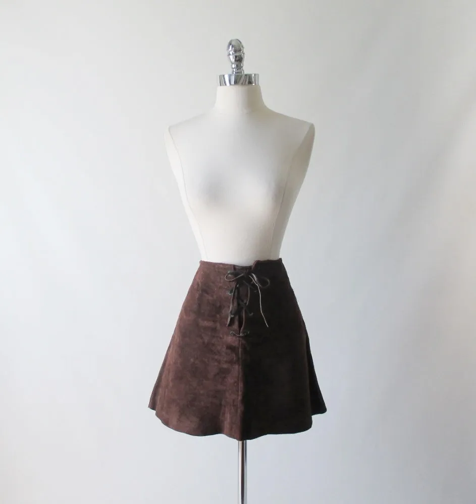 Vintage 60's 70's Brown Suede Leather Lace Front Mini Skirt M