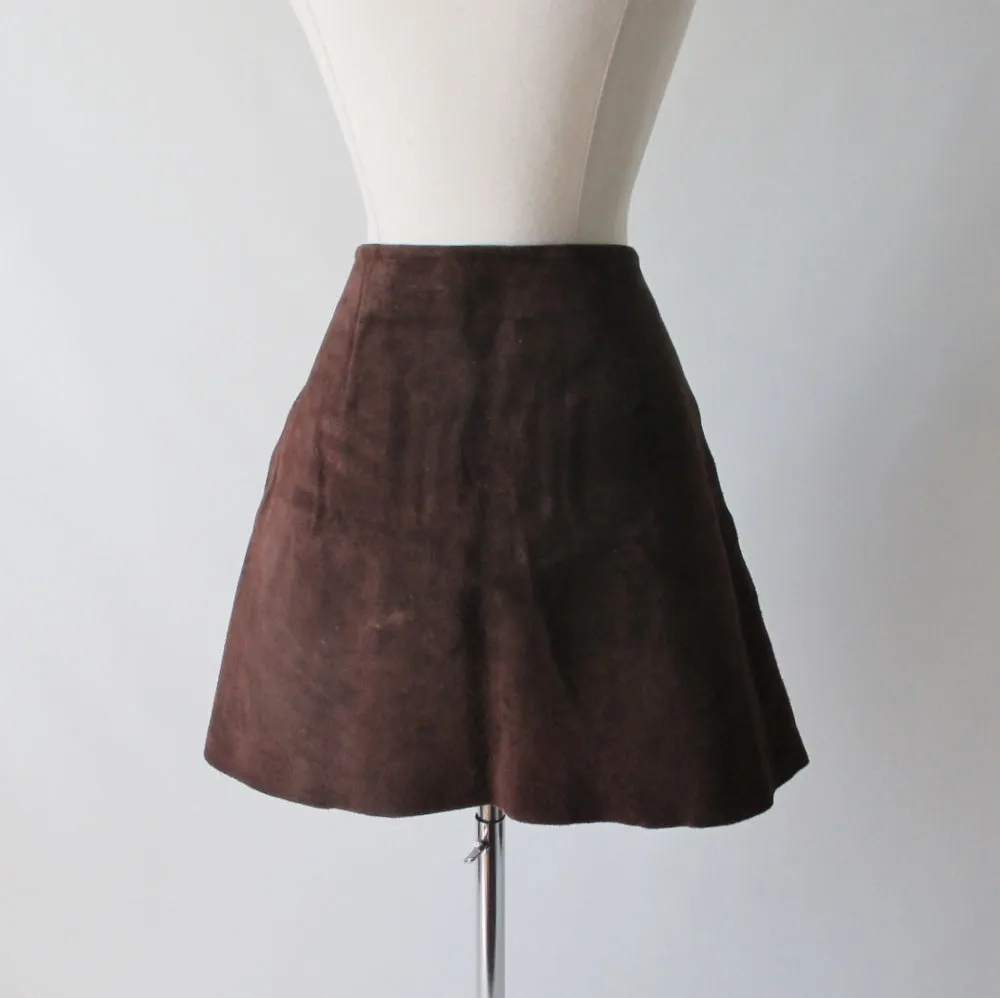 Vintage 60's 70's Brown Suede Leather Lace Front Mini Skirt M