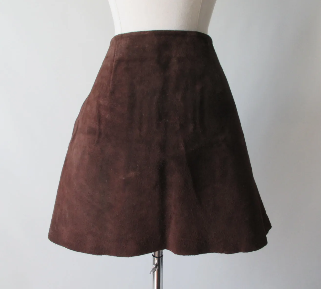 Vintage 60's 70's Brown Suede Leather Lace Front Mini Skirt M