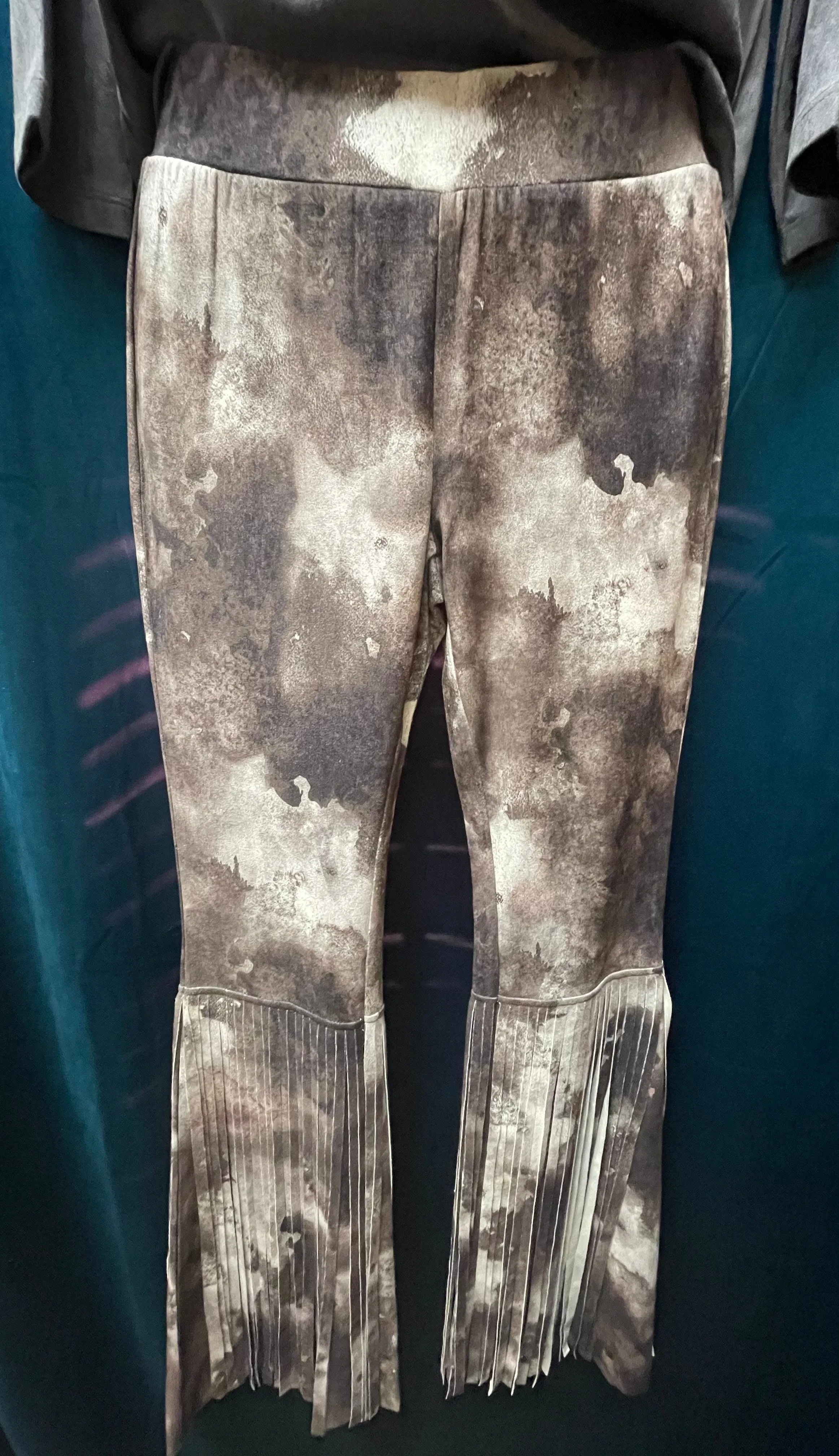 WAY Tie Dye Faux Suede Fringe Bell Bottoms