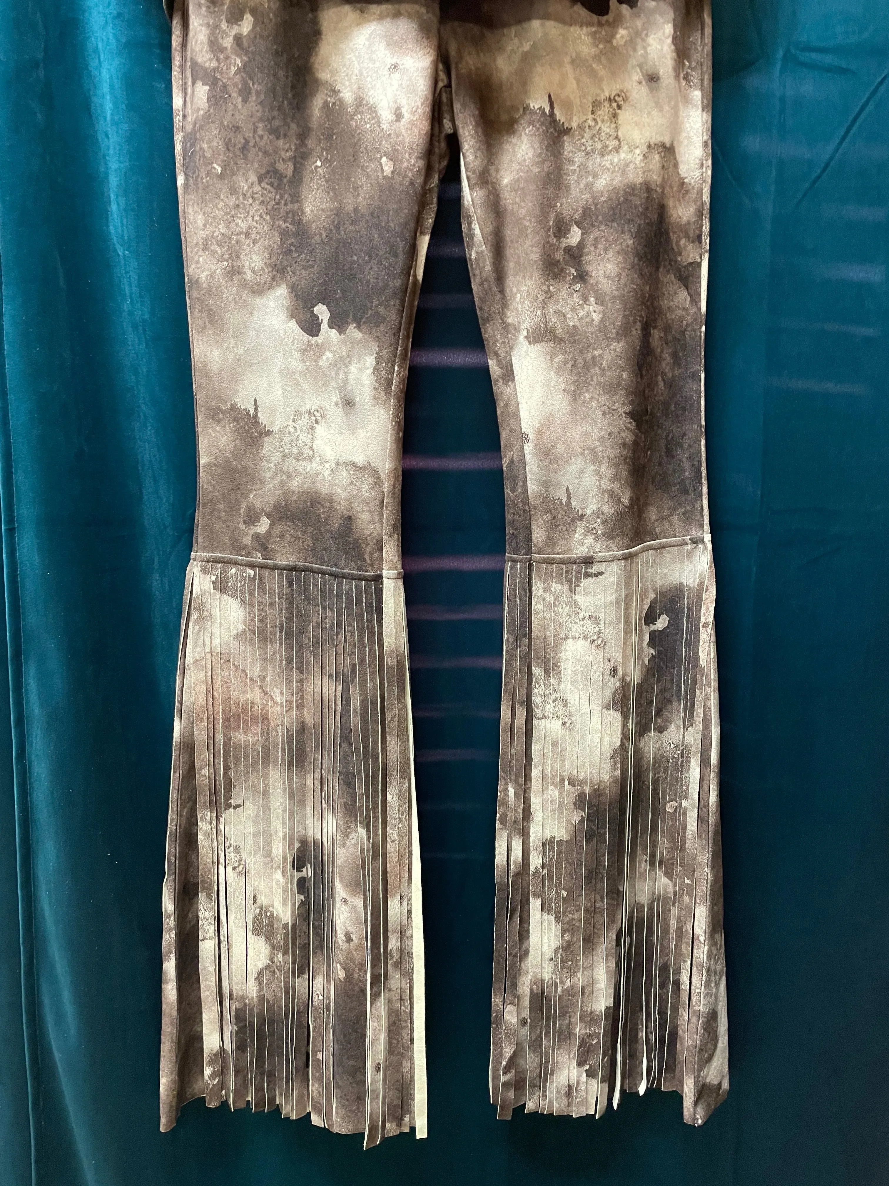 WAY Tie Dye Faux Suede Fringe Bell Bottoms
