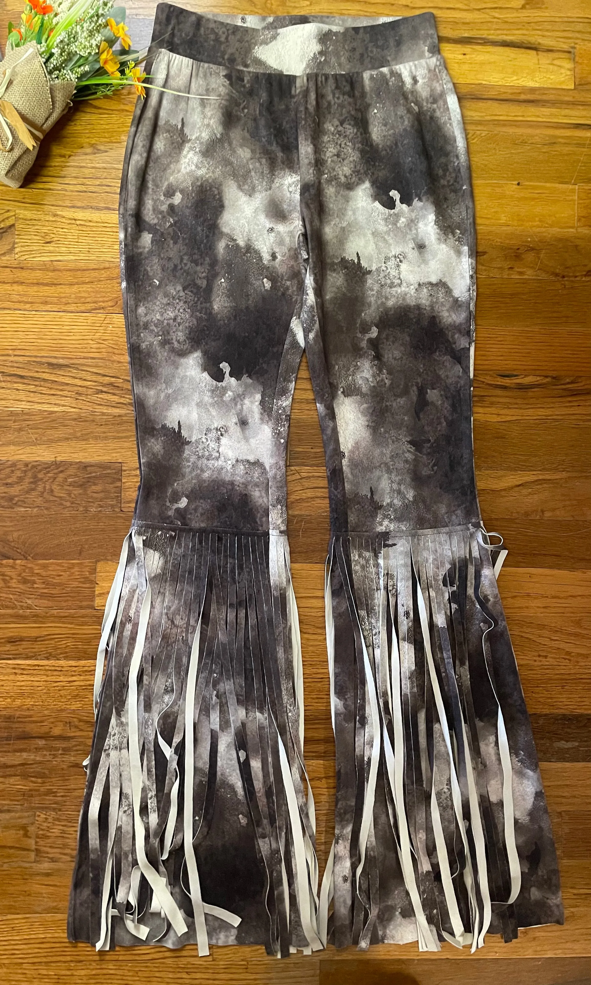 WAY Tie Dye Faux Suede Fringe Bell Bottoms