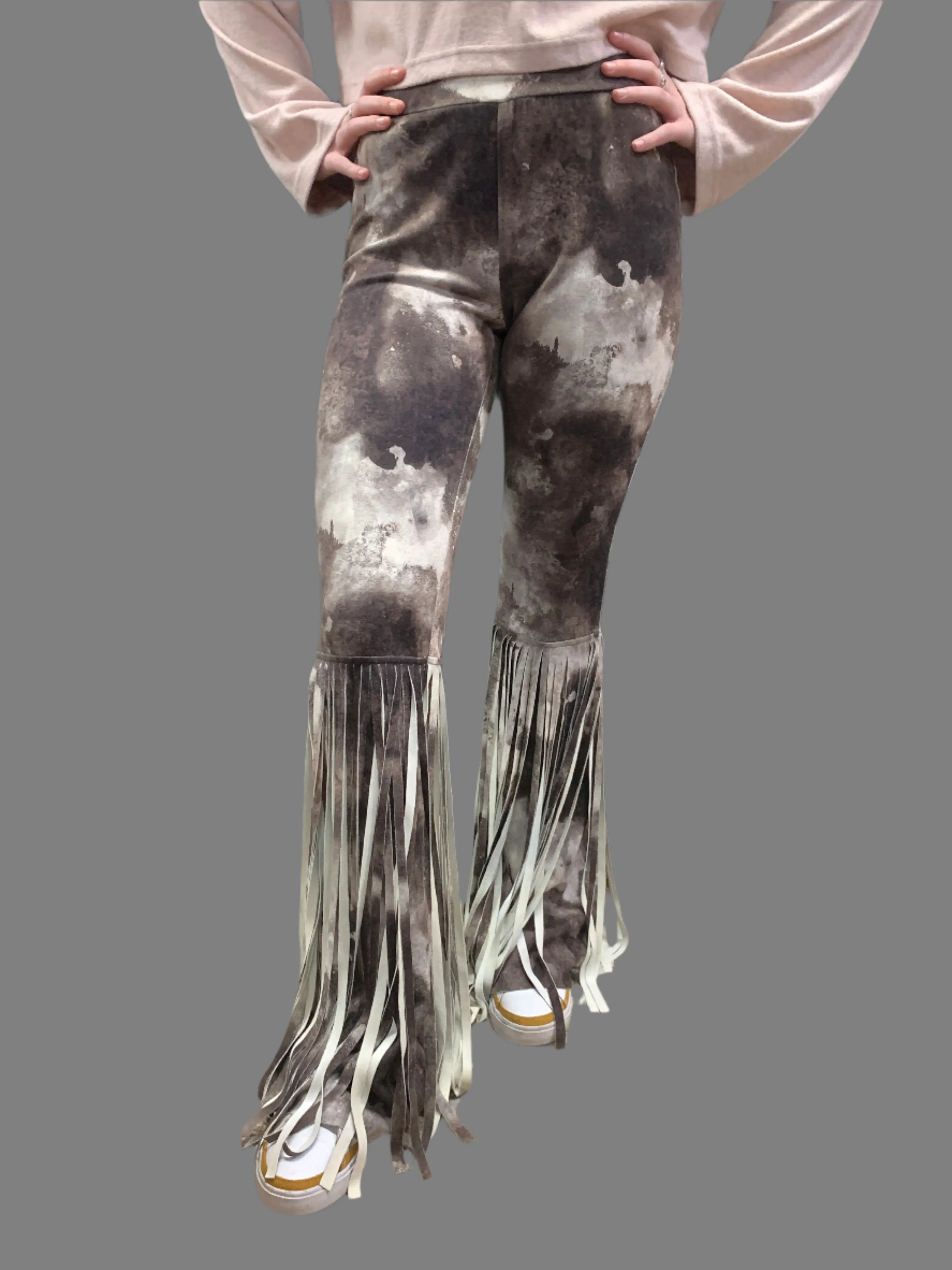 WAY Tie Dye Faux Suede Fringe Bell Bottoms