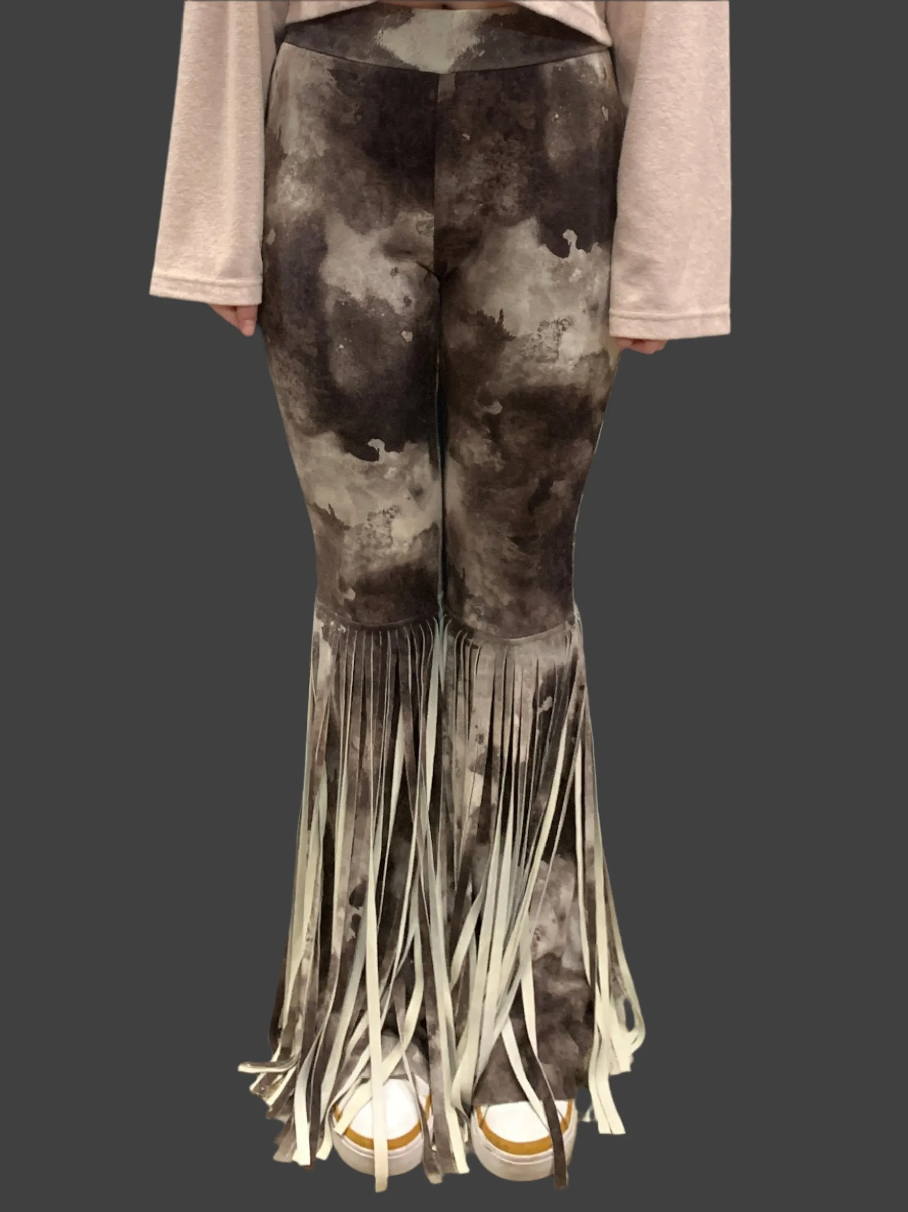 WAY Tie Dye Faux Suede Fringe Bell Bottoms