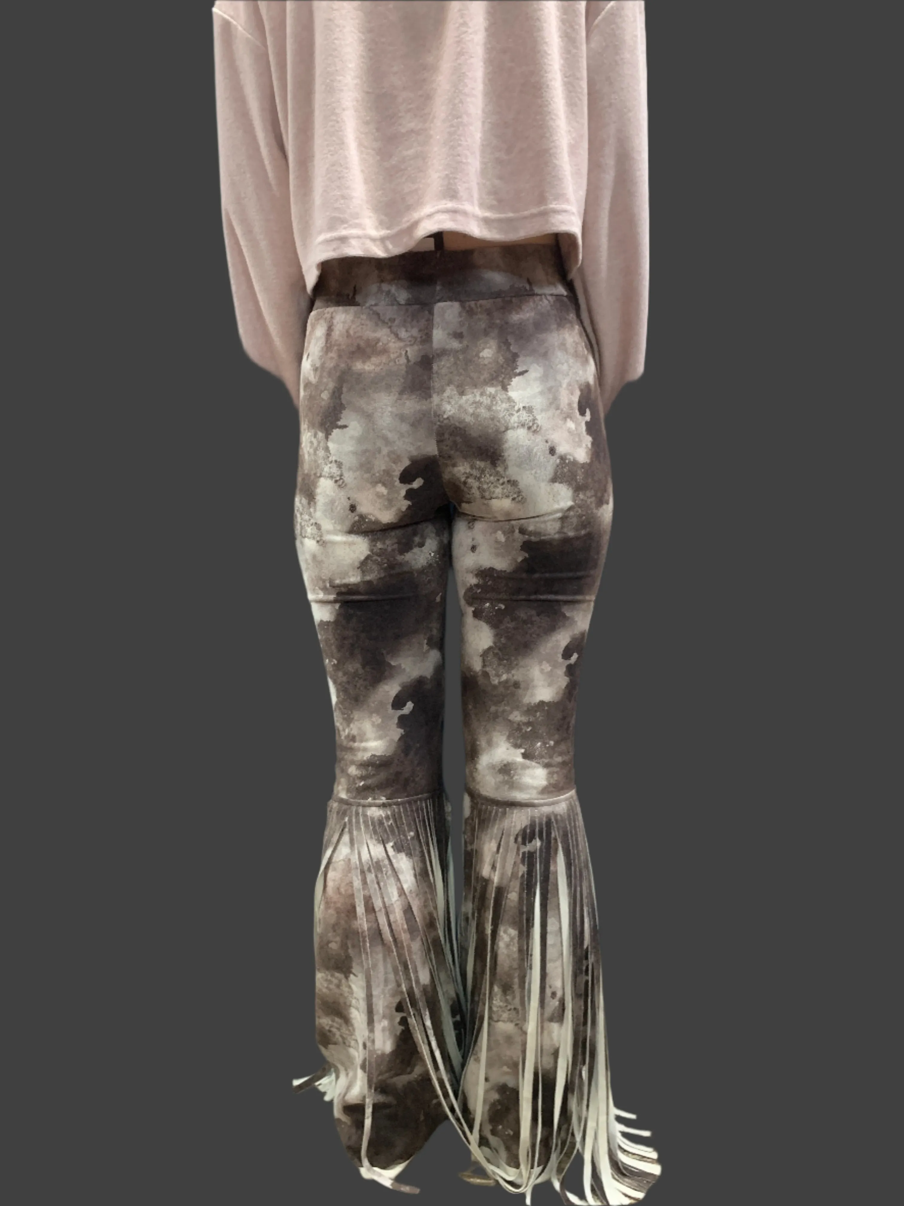WAY Tie Dye Faux Suede Fringe Bell Bottoms