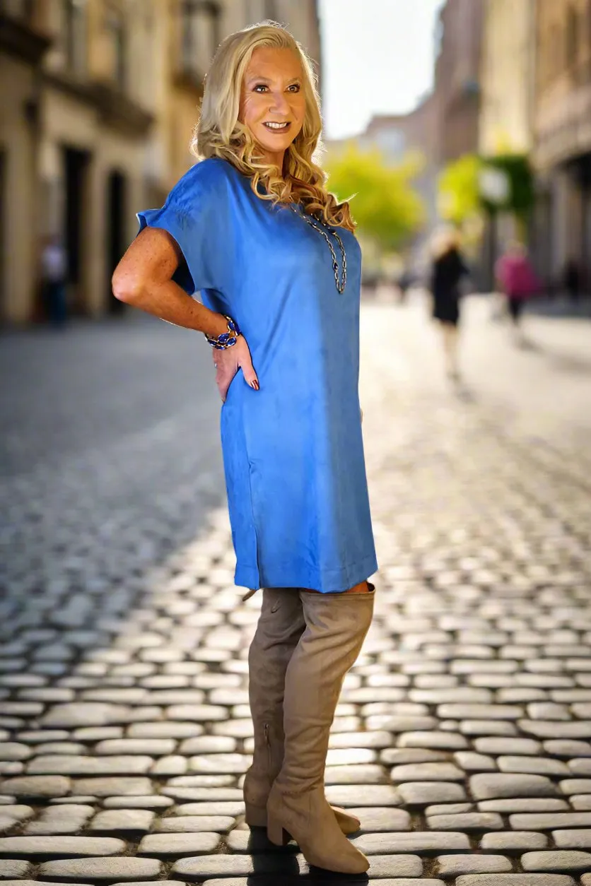 W.A.Y Wonderful & Young Short Sleeve Suede Dress In Royal Blue