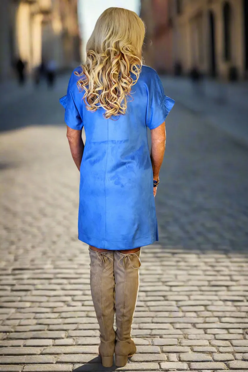 W.A.Y Wonderful & Young Short Sleeve Suede Dress In Royal Blue