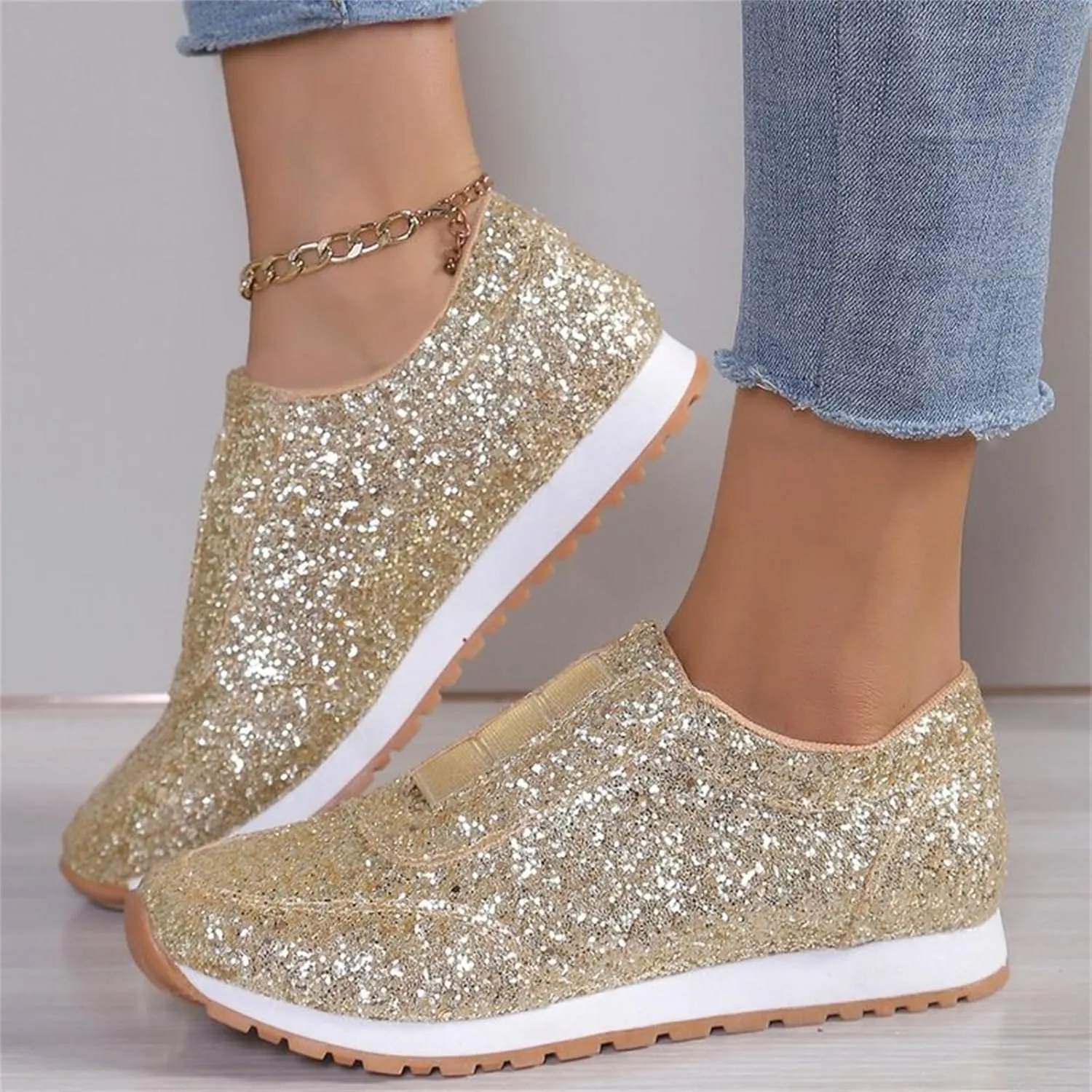 Woman Tennis Shoes, Fashion Sequin Athletic Shoes Comfortable Slip On Running Sneakers Causal Walking Workout Shoes