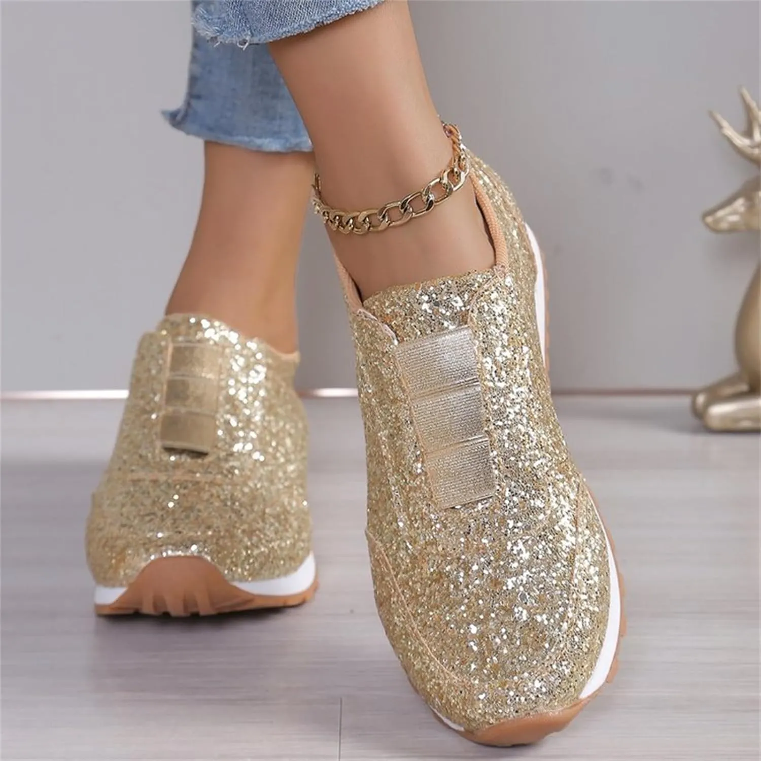 Woman Tennis Shoes, Fashion Sequin Athletic Shoes Comfortable Slip On Running Sneakers Causal Walking Workout Shoes