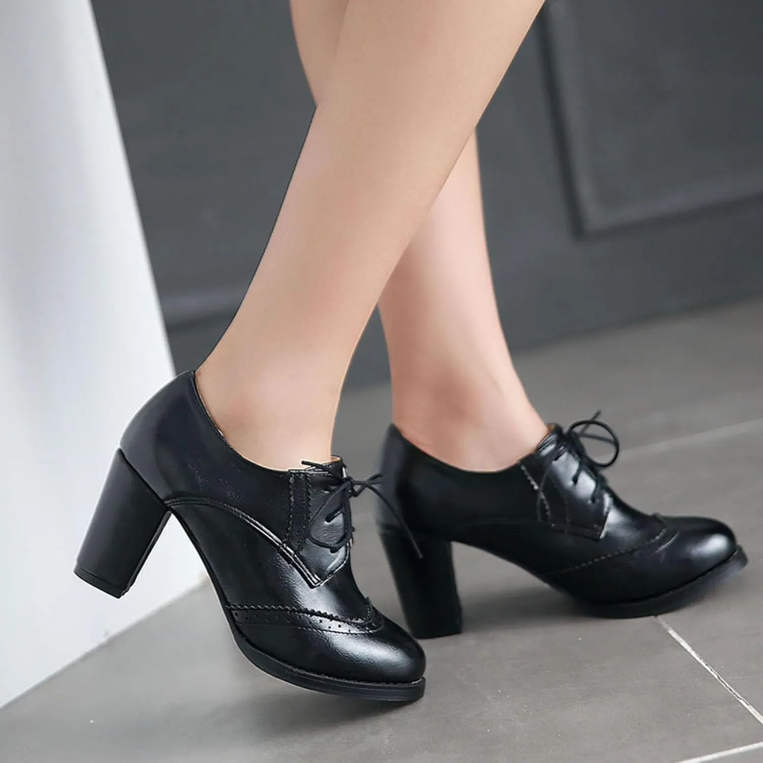 Women's Chunky Block Heels Oxfords Vintage Wingtip Brogues Round Toe Lace-up Pumps High Heeled Booties Dress Shoes
