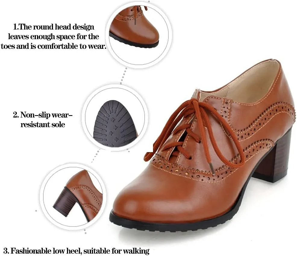 Women's Leather Vintage Oxfords Brogues Lace up Chunky Stacked Mid Heel Pumps Round Toe Dress Shoes