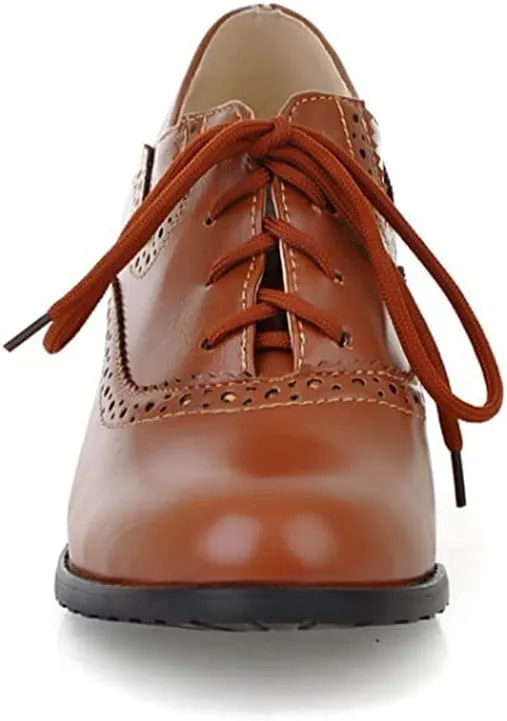 Women's Leather Vintage Oxfords Brogues Lace up Chunky Stacked Mid Heel Pumps Round Toe Dress Shoes