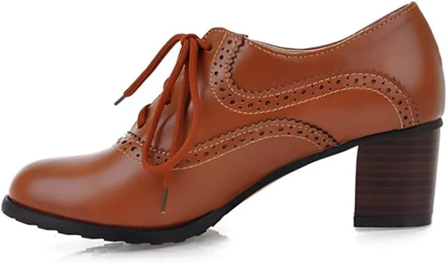 Women's Leather Vintage Oxfords Brogues Lace up Chunky Stacked Mid Heel Pumps Round Toe Dress Shoes