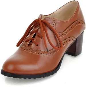 Women's Leather Vintage Oxfords Brogues Lace up Chunky Stacked Mid Heel Pumps Round Toe Dress Shoes