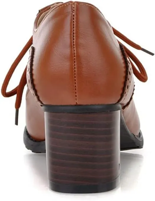 Women's Leather Vintage Oxfords Brogues Lace up Chunky Stacked Mid Heel Pumps Round Toe Dress Shoes