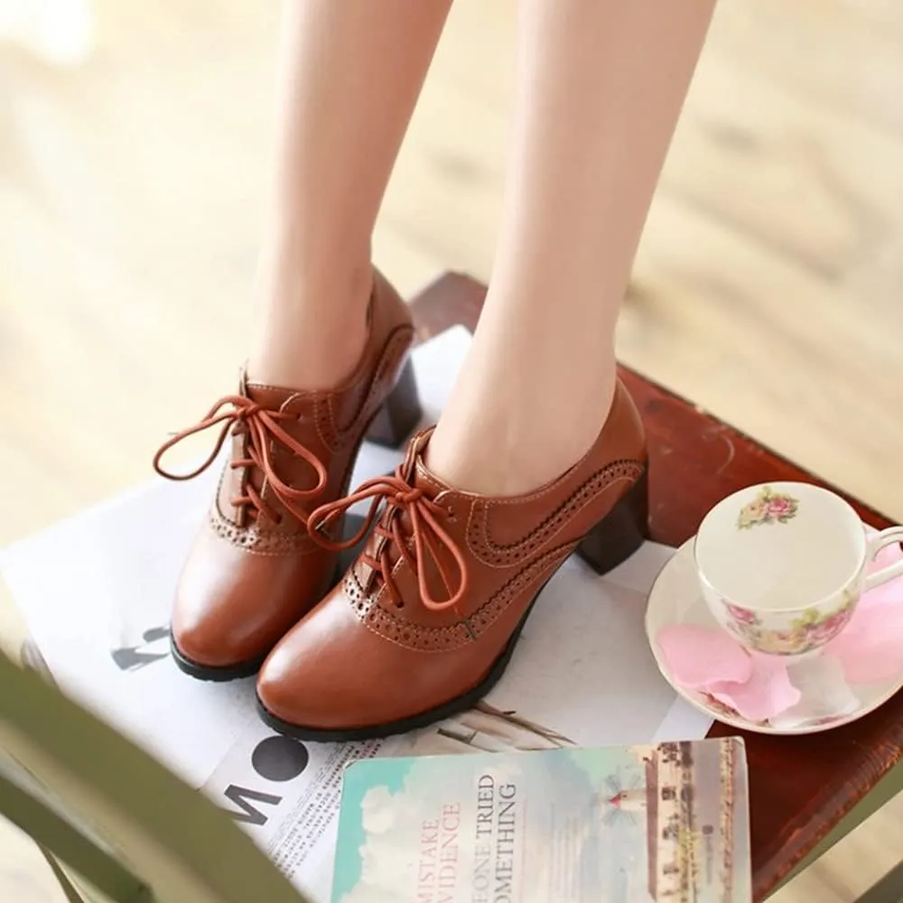 Women's Leather Vintage Oxfords Brogues Lace up Chunky Stacked Mid Heel Pumps Round Toe Dress Shoes