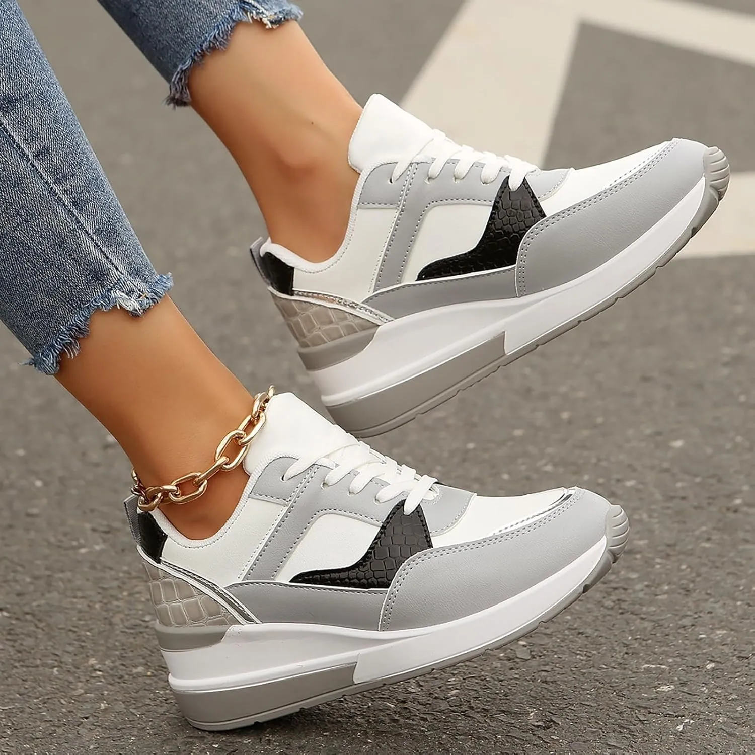 Womens Non Slip Work Shoes Thick Platform Wedge Sports Sneakers Casual Comfortable Walking Running Sneakers