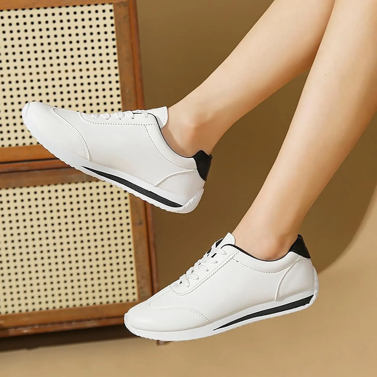 Womens Workout Shoes Fashion Lace Up Faux Leather Non Slip Sneakers Comfortable Casual Walking Running Athletic Shoes