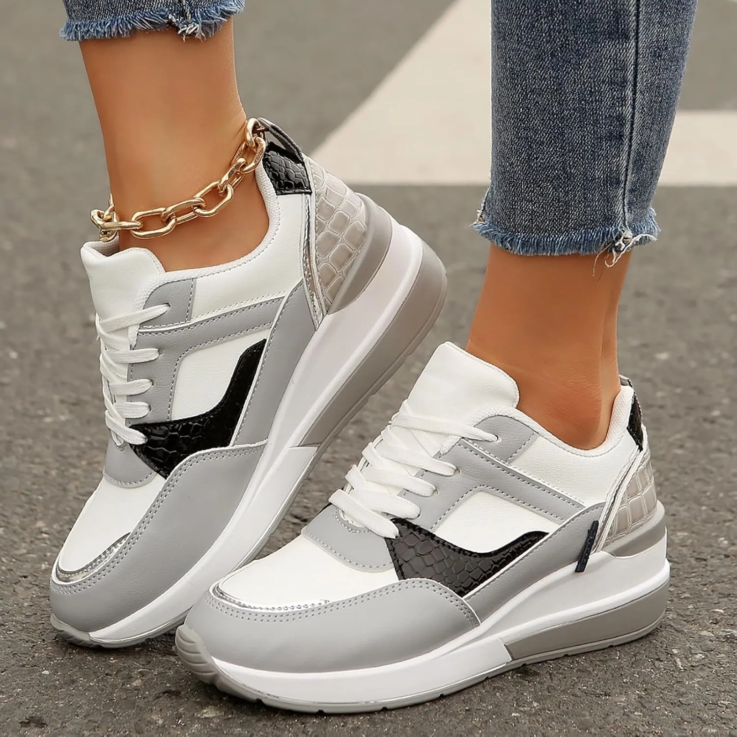 Womens Workout Shoes Fashion Wedge Platform Thick Sole Lace Up Sneakers Casual Comfortable Waterproof Walking Shoes