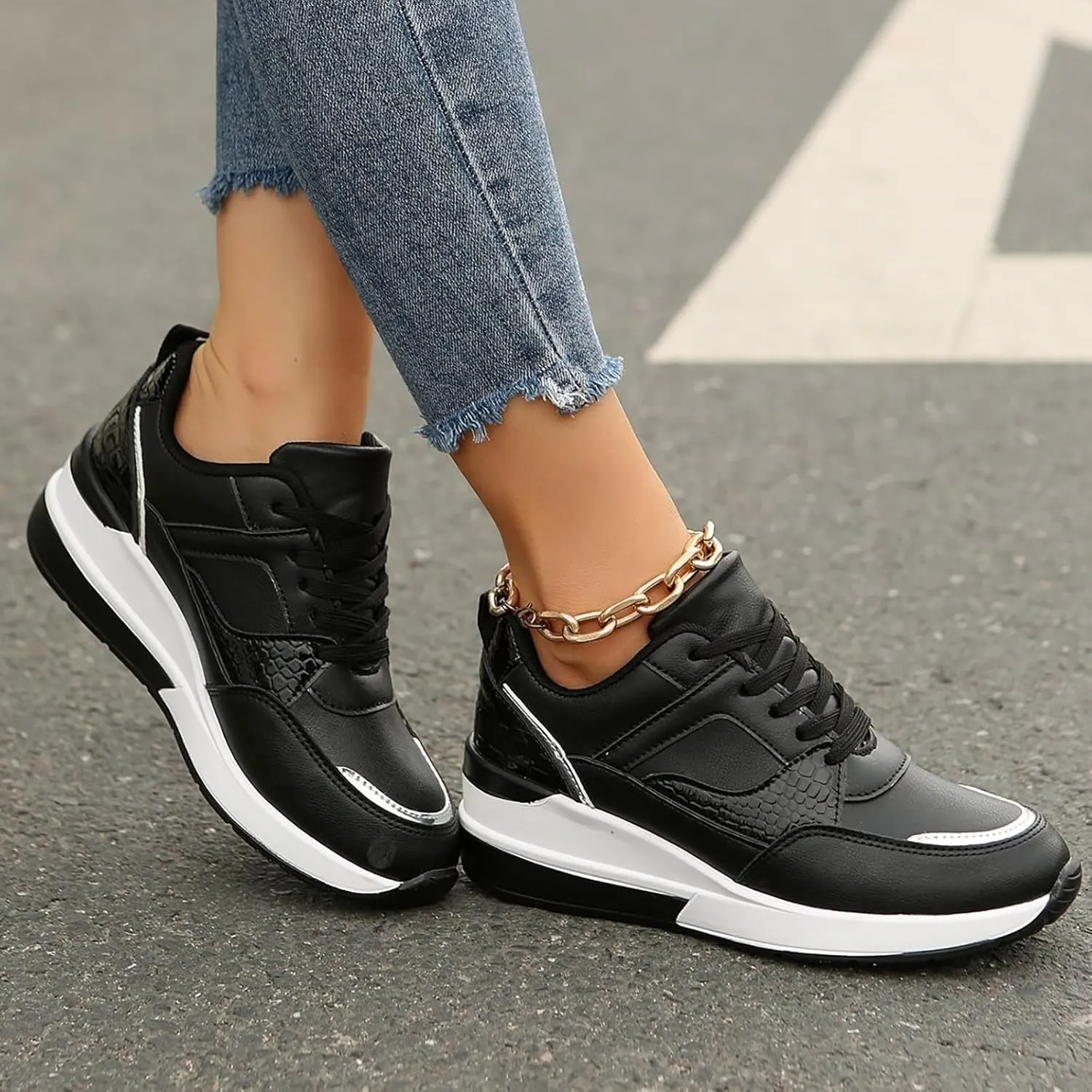 Womens Workout Shoes Fashion Wedge Platform Thick Sole Lace Up Sneakers Casual Comfortable Waterproof Walking Shoes