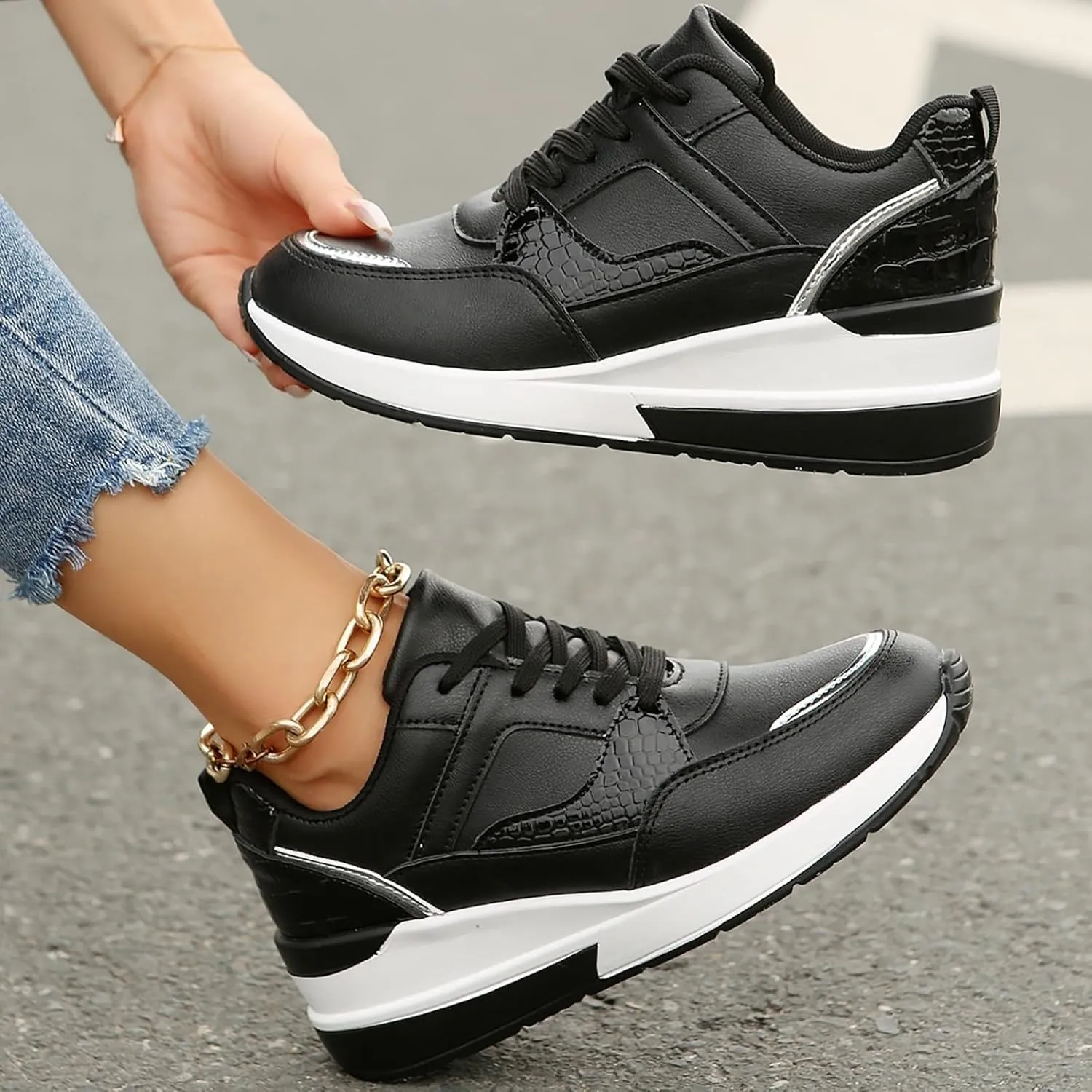 Womens Workout Shoes Fashion Wedge Platform Thick Sole Lace Up Sneakers Casual Comfortable Waterproof Walking Shoes